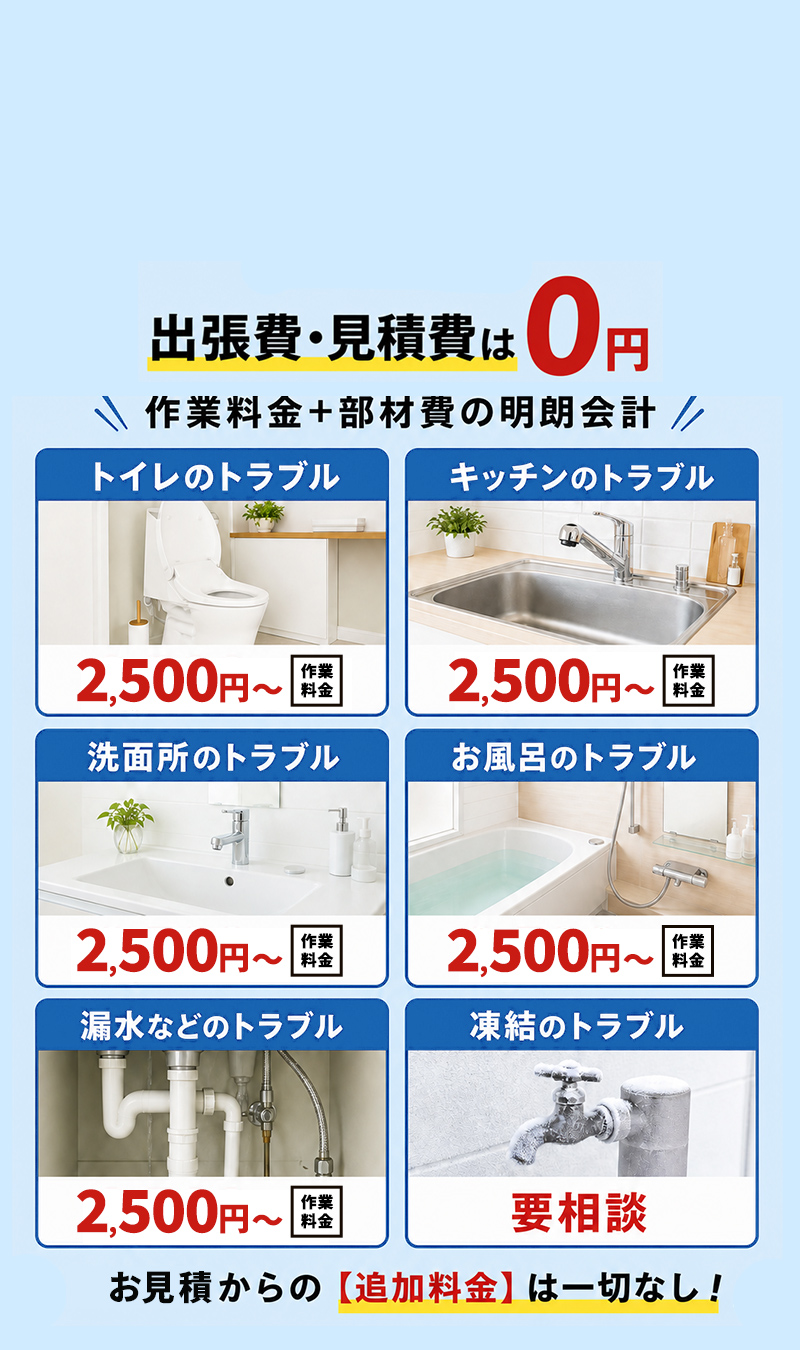 出張費・見積費は0円 作業料金＋部材費の明朗会計 トイレ・キッチン・洗面所・お風呂・漏水などのトラブル 作業料金2,500円〜／凍結のトラブルは要相談 お見積からの追加料金は一切なし！