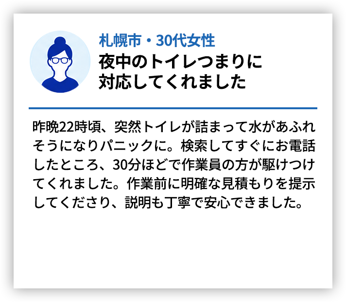 札幌市・30代女性 夜中のトイレつまりに対応してくれました。昨晩22時頃、突然トイレが詰まって水があふれそうになりパニックに。検索してすぐにお電話したところ、30分ほどで作業員の方が駆けつけてくれました。作業前に明確な見積もりを提示してくださり、説明も丁寧で安心できました。