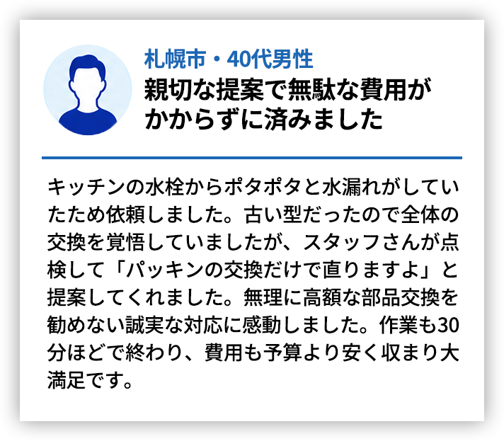 札幌市・40代男性 親切な提案で無駄な費用がかからずに済みました。キッチンの水栓からポタポタと水漏れがしていたため依頼しました。古い型だったので全体の交換を覚悟していましたが、スタッフさんが点検して「パッキンの交換だけで直りますよ」と提案してくれました。無理に高額な部品交換を勧めない誠実な対応に感動しました。作業も30分ほどで終わり、費用も予算より安く収まり大満足です。